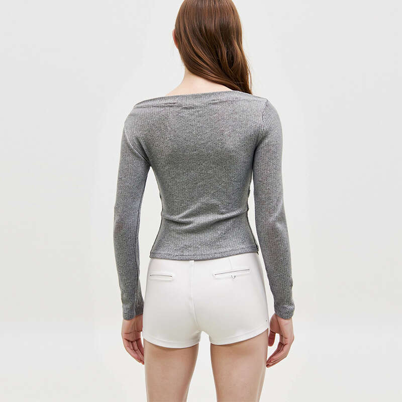 Ruixiu Cross-Border Foreign Trade European and American Style Elegant Knitted Sweater 2025 Autumn New Gray Asymmetrical Long Sleeve Top Women's C