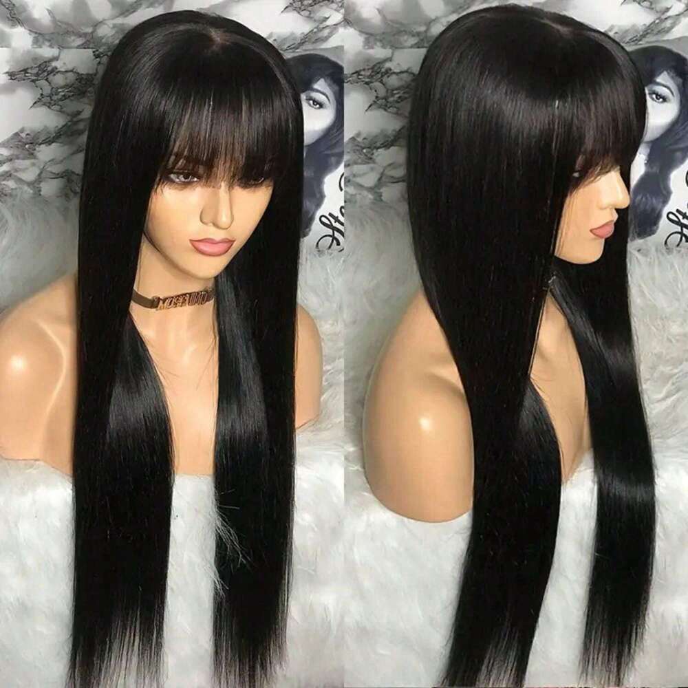 Women's Glueless Straight With Bangs Non-Lace Front, 250% Density Natural Black Hair, Machine-Made Remy Human Wig For Everyday & Special Events -