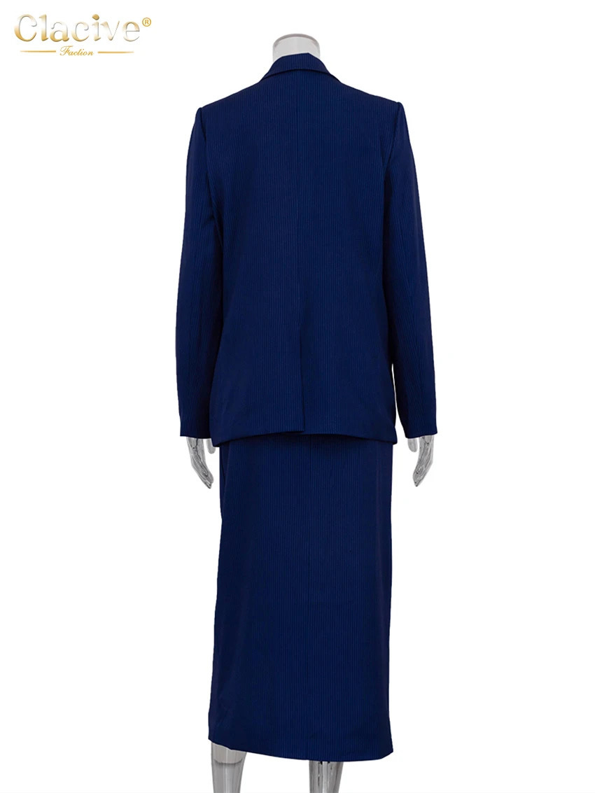 Clacive Fashion Loose Blue Stripe Womens Two Pieces Set 2025 Elegant Long Sleeve Blazer With High Waist Slit Long Skirt Set 250409