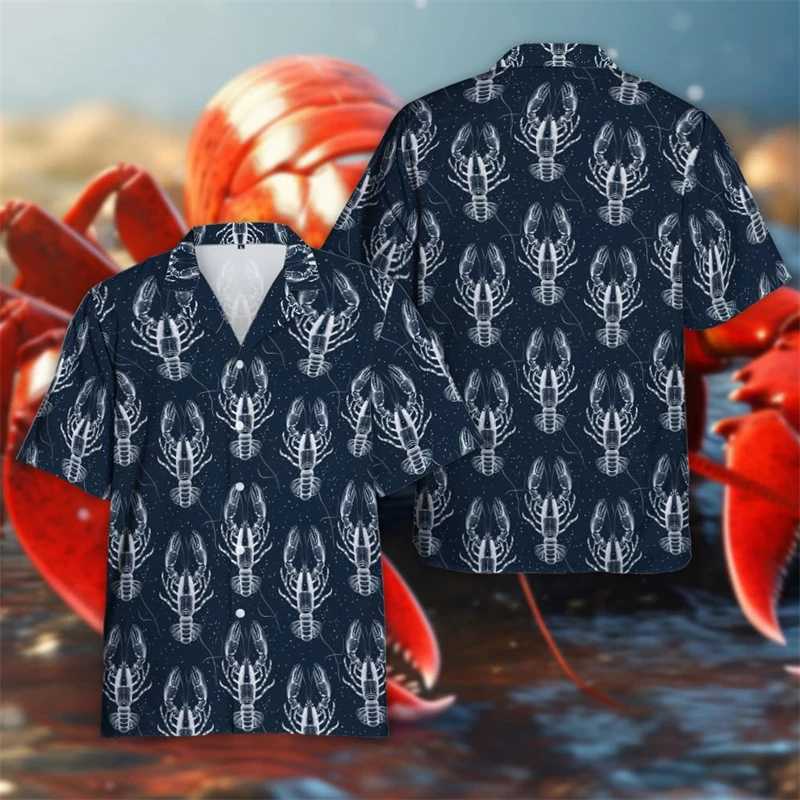 Lobster King 3D printed mens shirt Harajuku fashion mens beach shirt seafood short sleeved crayfish lapel shirt top X250410