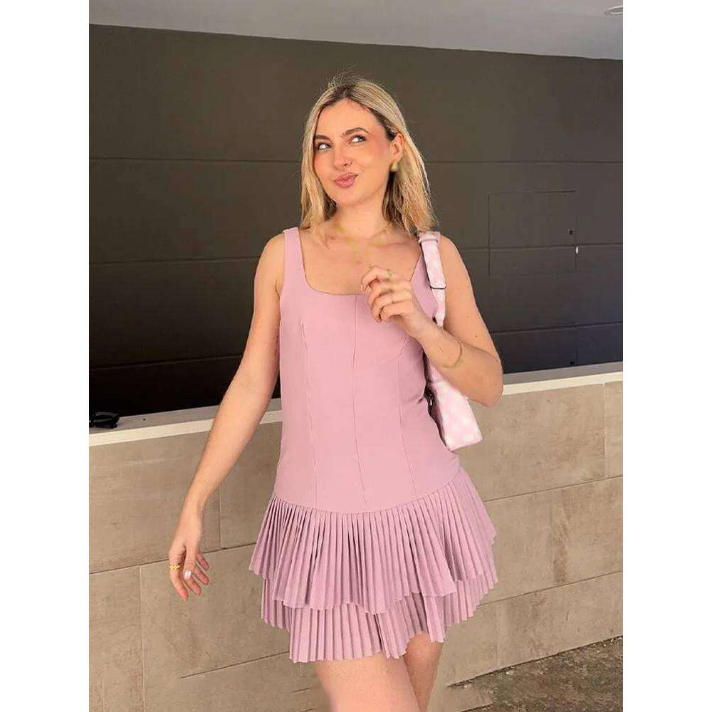 HH Women Summer Square Collar Sleeveless Solid Mini Woman Elegant Chic High Street Slim Short Pleated Dress