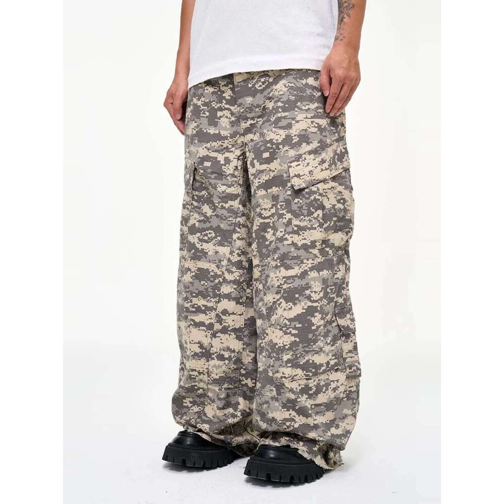 Multi-Pocket Vintage Irregular Rough Edge Toog Loose Camo Wide Leg Baggy Paratrooper Pants Men