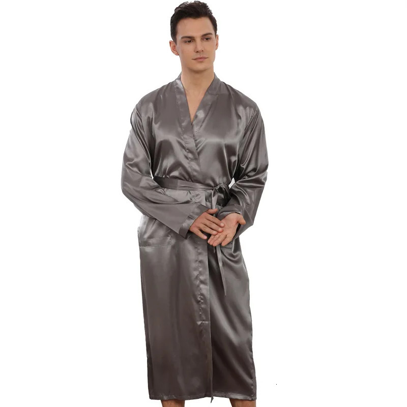 Plus Size Male Sleepwear Kimono Bath Robe Gown Gray Long Sleeve V-Neck Nightwear with Belt Pocket Spring Summer Men Home Clothes 250409