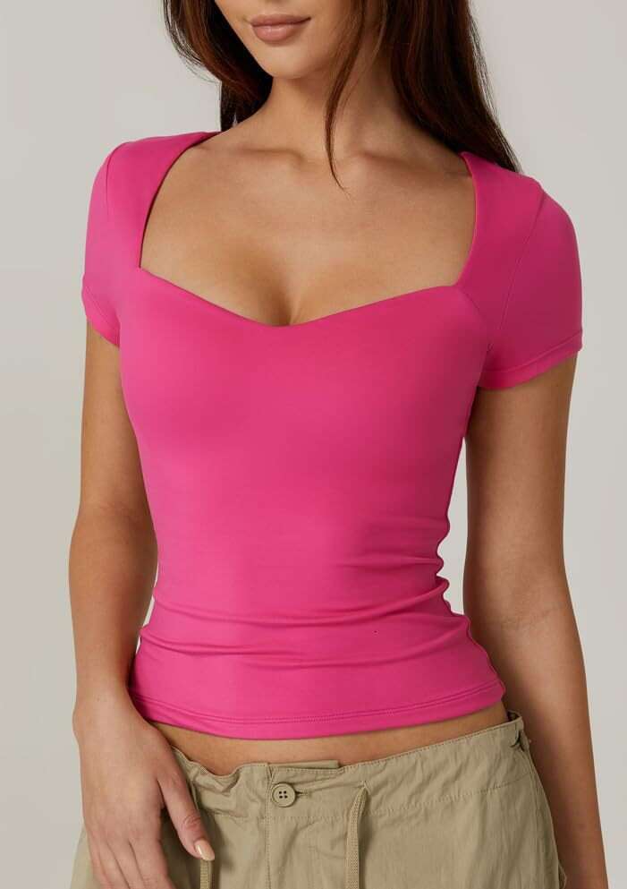 2024 Amazon Cross-Border Women's Heart Neck Short Sleeve T-Shirt Solid Color Slim Fit Basic Fashion Crop Top