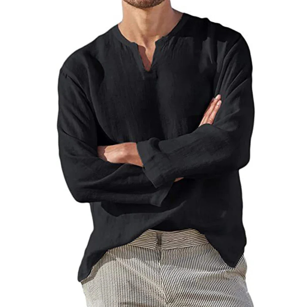 Mens Cotton Linen Shirt Cozy Solid Color Long Sleeve Breathable Tops V Neck Casual Blouse Hawaiian Shirt Lightweight Shirts 250408