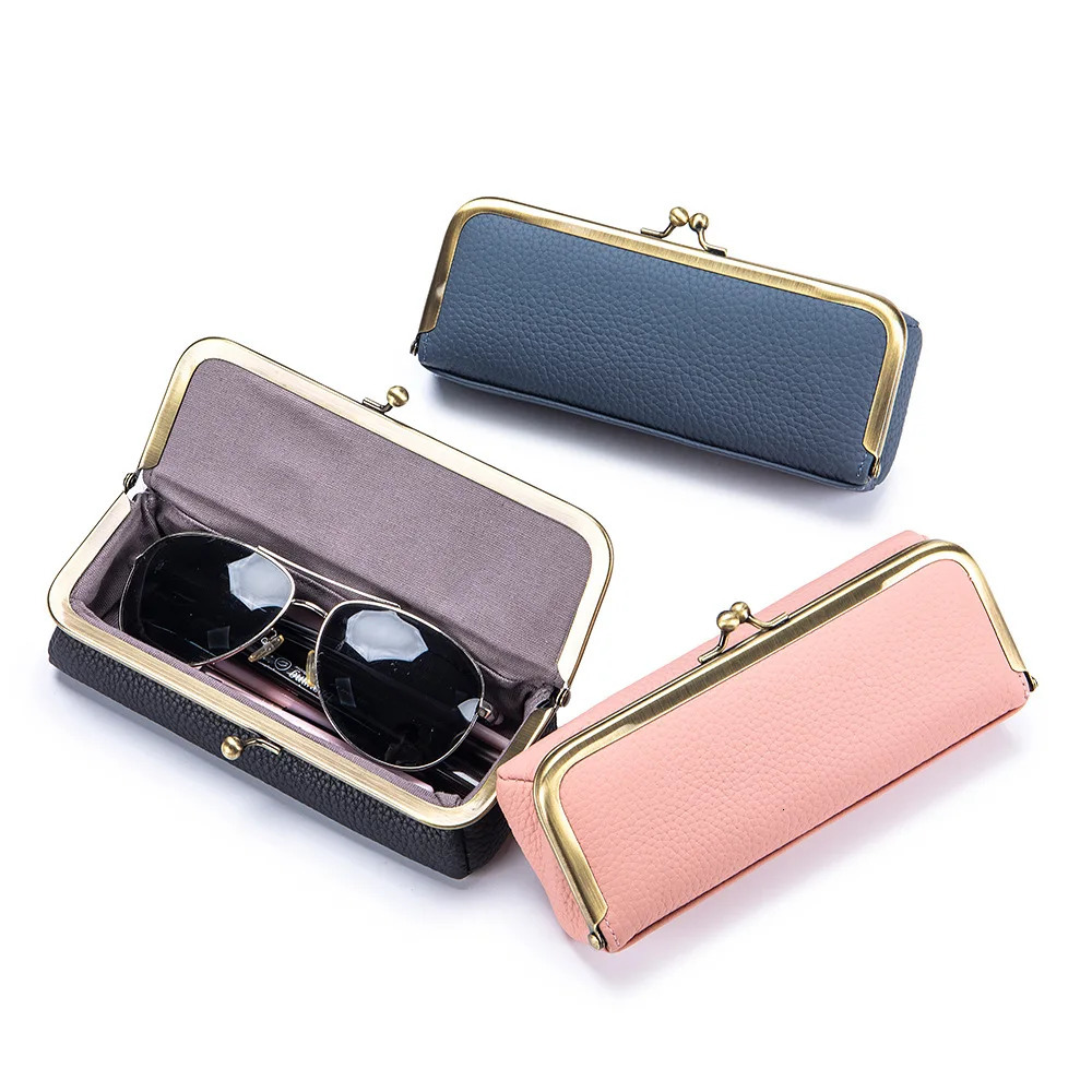 Leather glasses case fashionable pencil case with kiss lock coin wallet womens travel sunglasses case eyebrow pencil case 250409