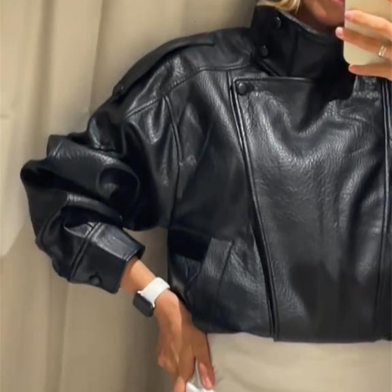 Fashion Black Leather Jacket Women Clothing Autumn Winter Loose Casual Coat PU Motorcycle Tops 251105