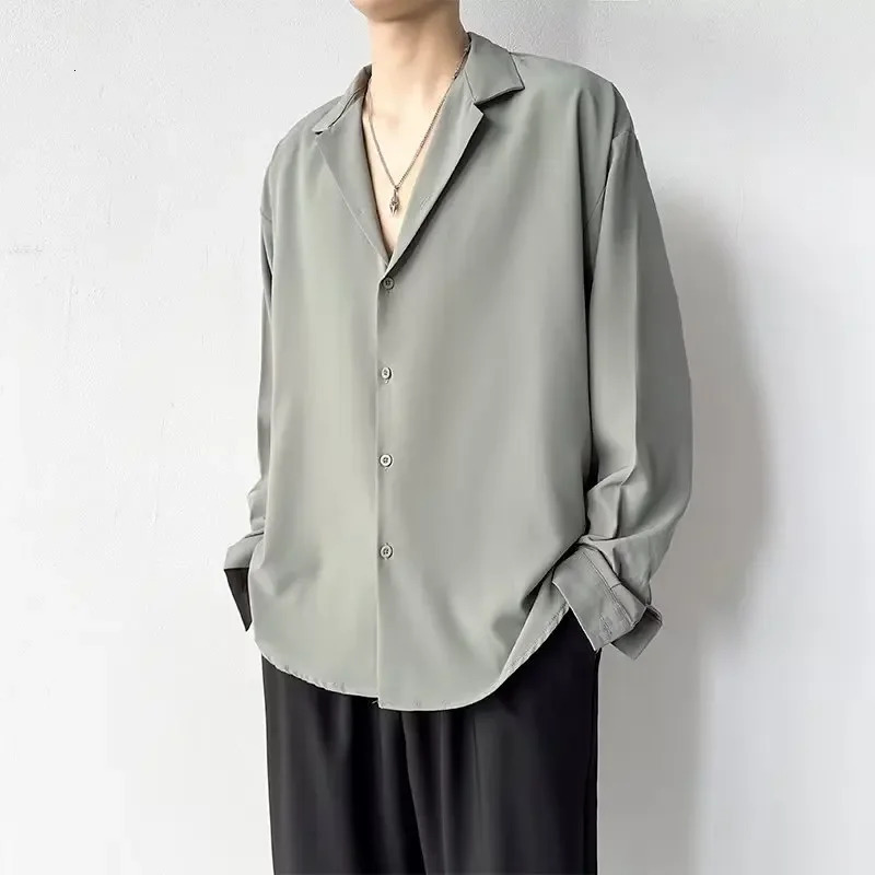 Korean Fashion Mens Shirt Spring Summer Loose Casual Long-sleeved Lapel High Street Male Suit Shirt White Black Gray Green 250409