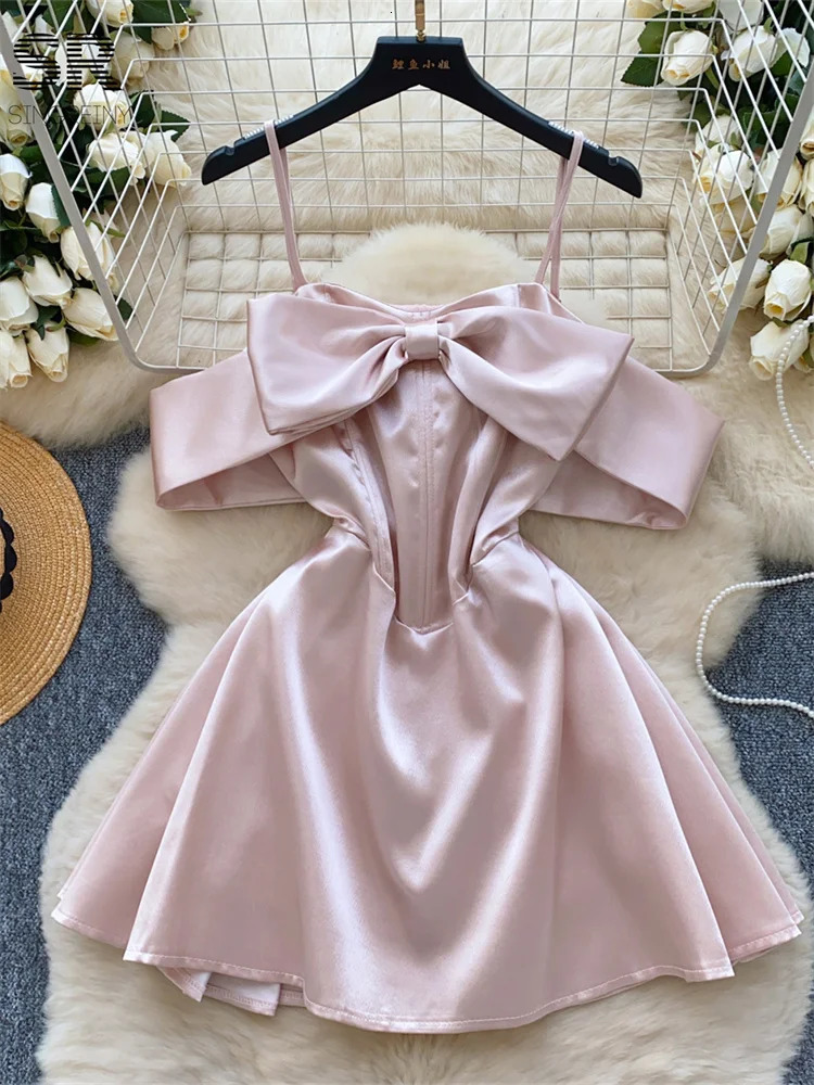 SINGREENY Birthday Party Satin Dress Womens Sleeveless Shoulder Zipper Body High end Sexy Fashion Bow Mini Dress 250403