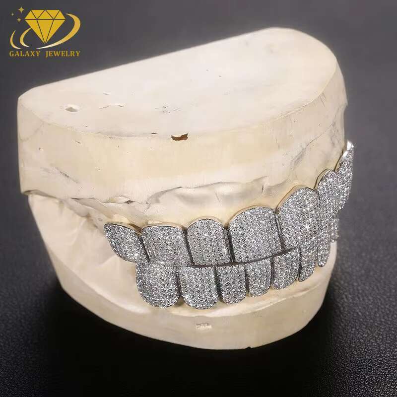 Hip Hop Diamond Teeth Rapper 8 Tops 8 Bottom White Gold Plated 925 Sterling Silver Custom VVS Moissanite Grillz for Teeth