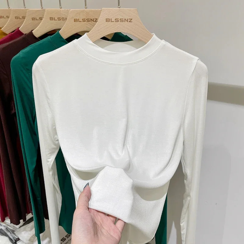 Womens Spring and Autumn Office Basic Oneck Ultra thin Tshirt Solid Color Multiple Matching Trend Casual Top Thread Long Sleeve Elasticity 250407