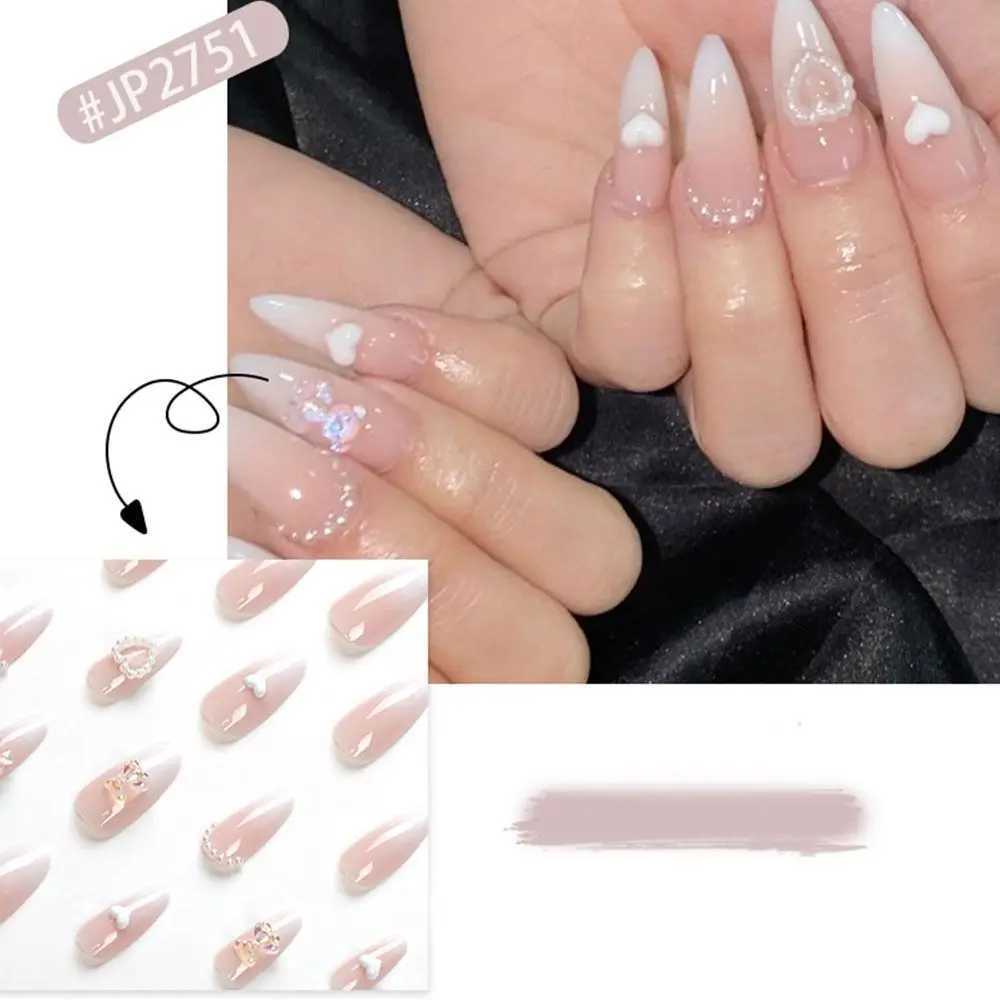 24 pieces of long almond fake nails French pearl love heart bow press fake nails DIY hand carved removable nail tips W250410