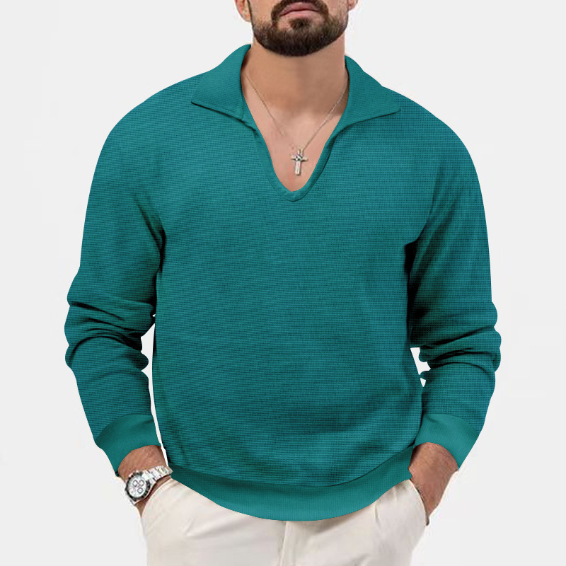 2024 autumn/winter new waffle polo shirt mens lapel loose solid color top long sleeved