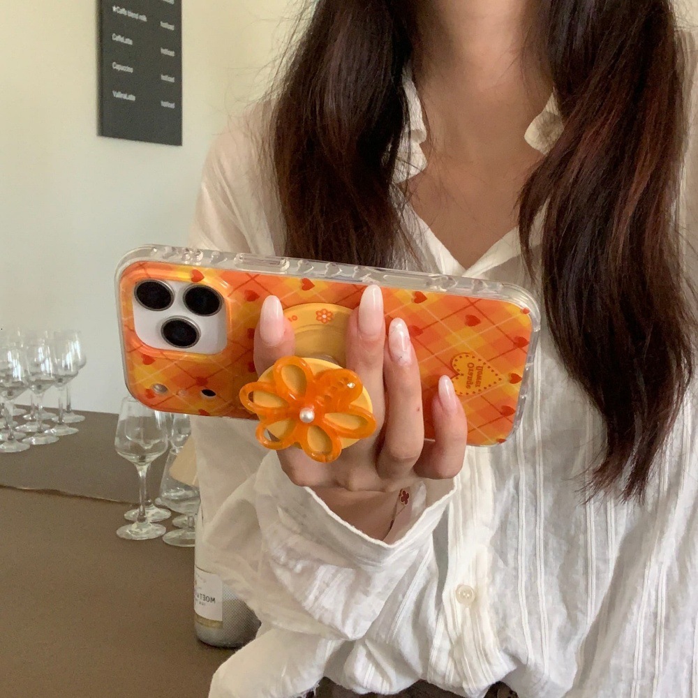 Plaid Heart Flower Stand Phone Case Compatible with iPhone 17/16 Cartoon Solid iPhone Color 15/14 Pro