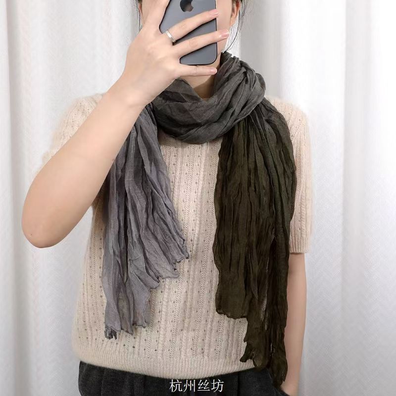 T447 pleated contrast color cotton and linen scarf thin warm gradient color silk scarf literary retro versatile shawl neck