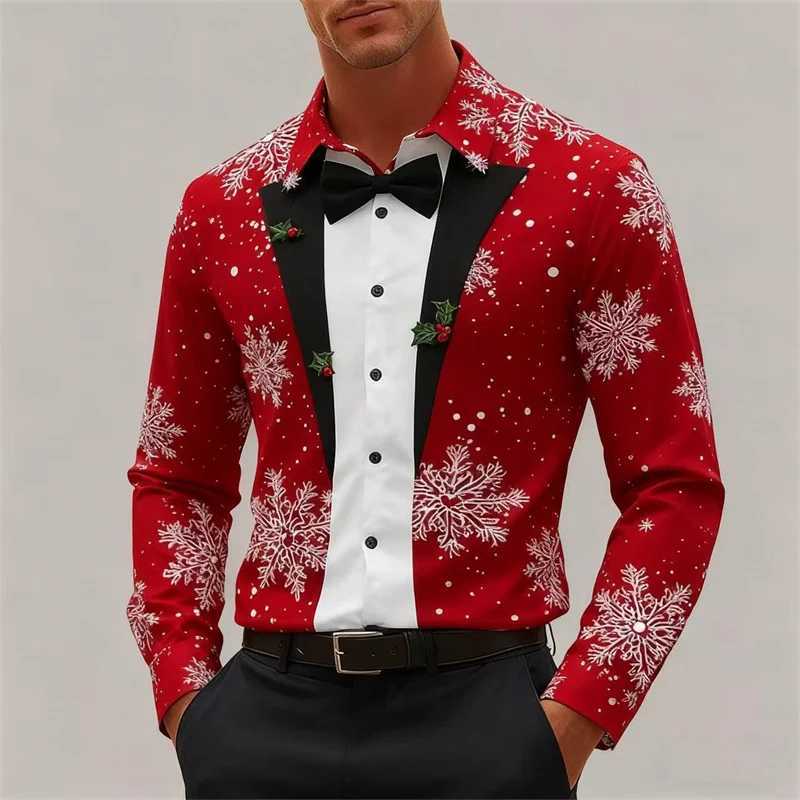 Christmas Mens Snowflake Bow Tie Pattern 3D Print Christmas Shirt Long Sve Tops Outdoor Holiday Gift Shirt Men Clothing Q251110