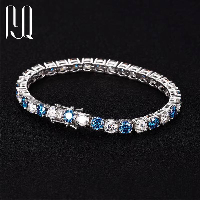 PYQ Fine Jewelry 3mm-65mm 925 Sterling Silver Grade VVS Royal Blue Mossanite Moissanite Diamond Tennis Chain Bracelet