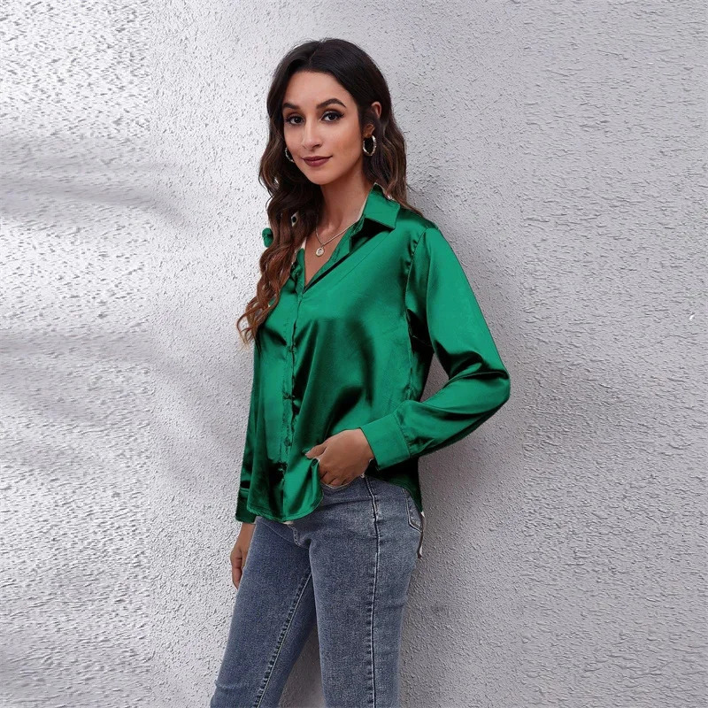 Spring satin womens loose button up shirt womens silk long sleeved shirt 250409
