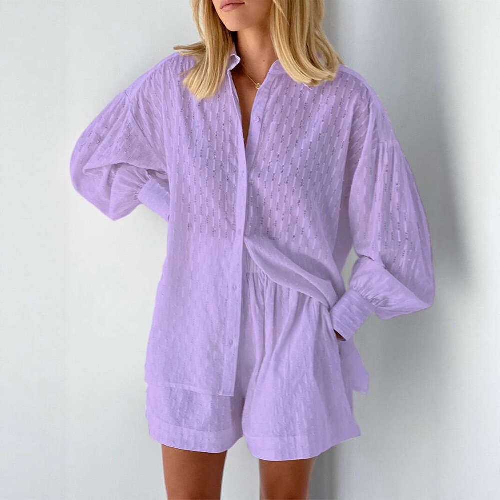 2025 Autumn Women's Fashion European and American Style Jacquard Puff Sleeve Elegant Top Shorts Commuting Design Sense Casual Set