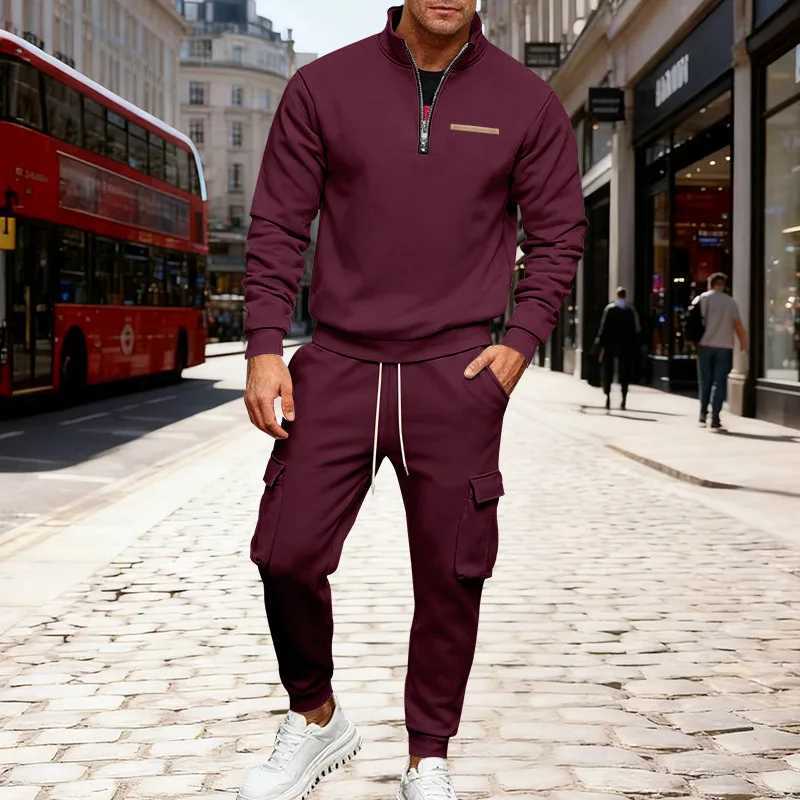 20025 Winter velvet half zipper stand-up collar pullover solid color casual sweater tooling trousers suit men W251110