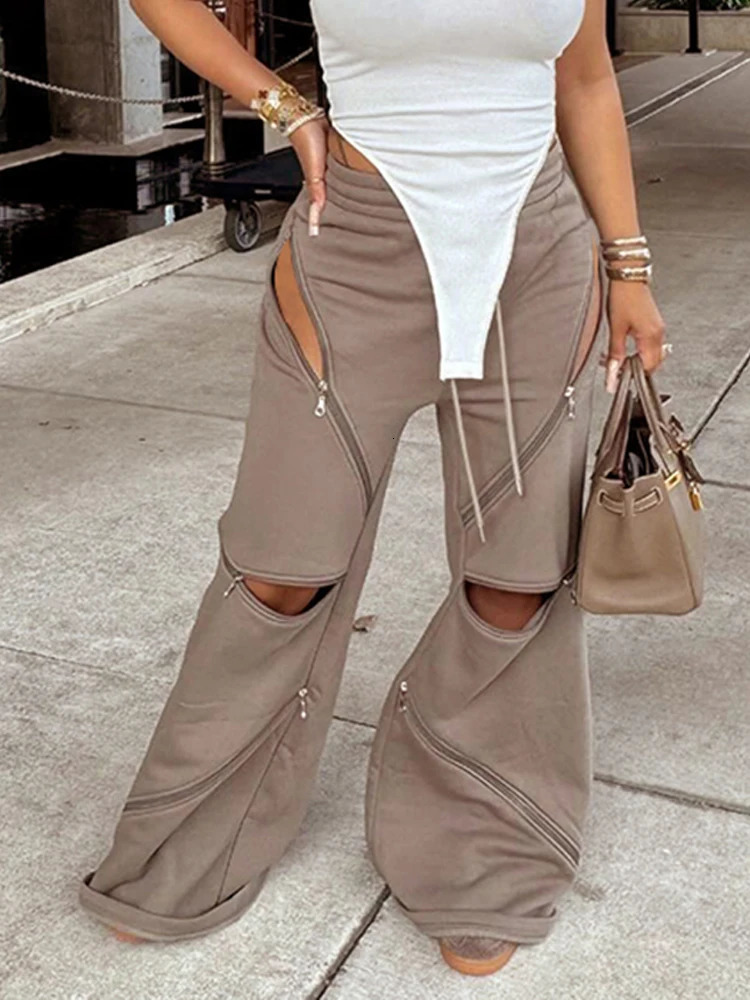 Weird Puss Zip Patchwork Pants Women Casual Sporty Solid Chic Devise Irregular Spring Fashion Basic Hipster Wide-Leg Trousers 250409