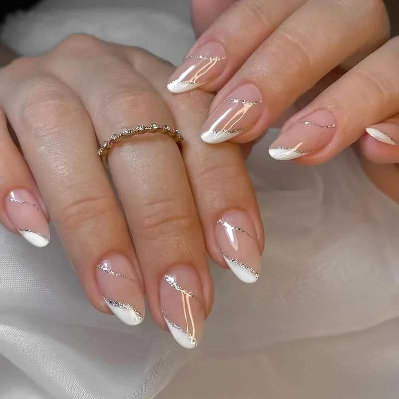 24 pieces of flashing beveled edge press nail pink gradient fake nail smooth artificial finger manipulation reusable fake nail W250410