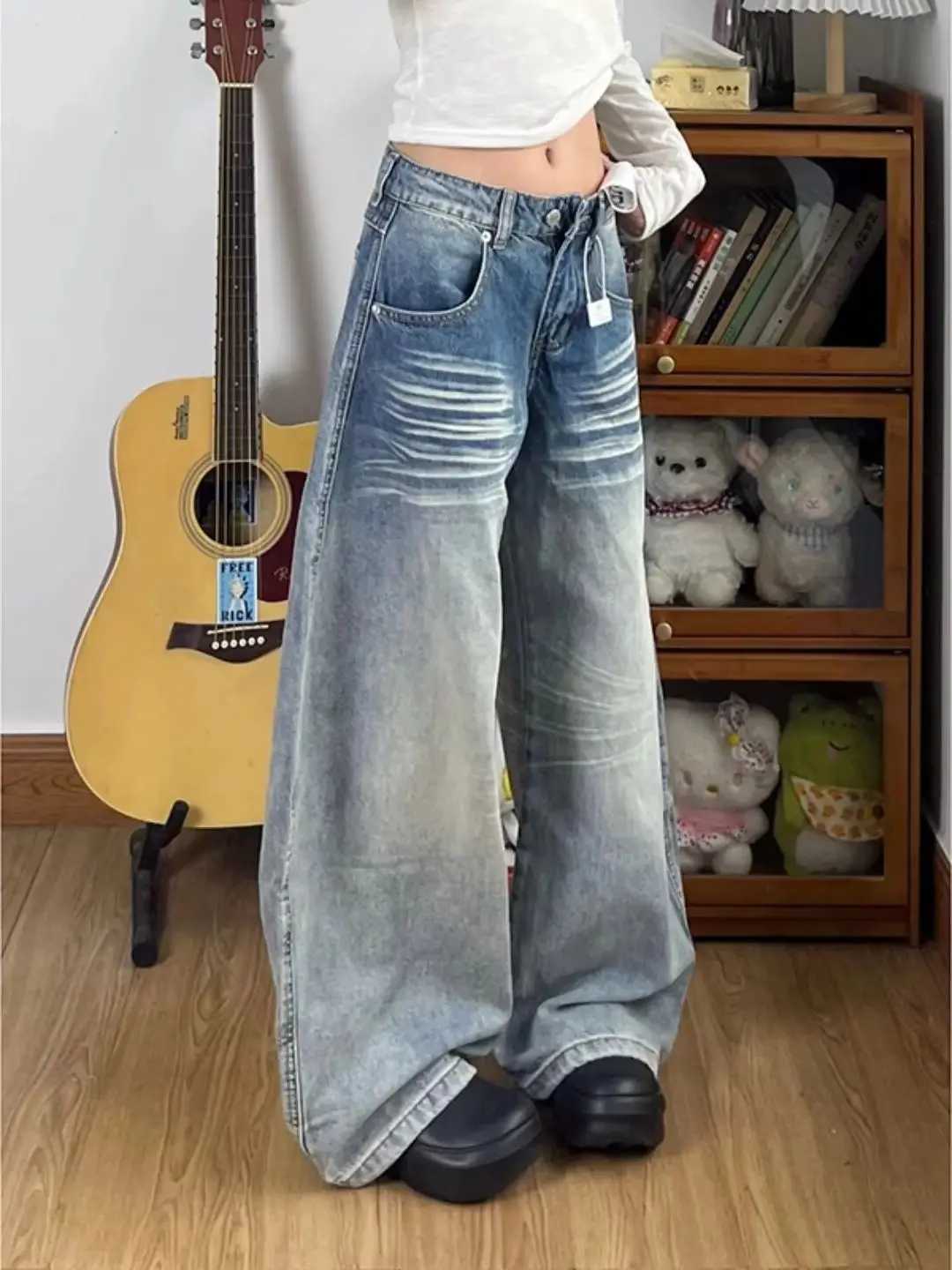 Y2K Winter Jeans Women Thick Fleece Lined Pants High Waist Wide Leg Baggy Straight Long Trousers American Retro Washed Denim C251110