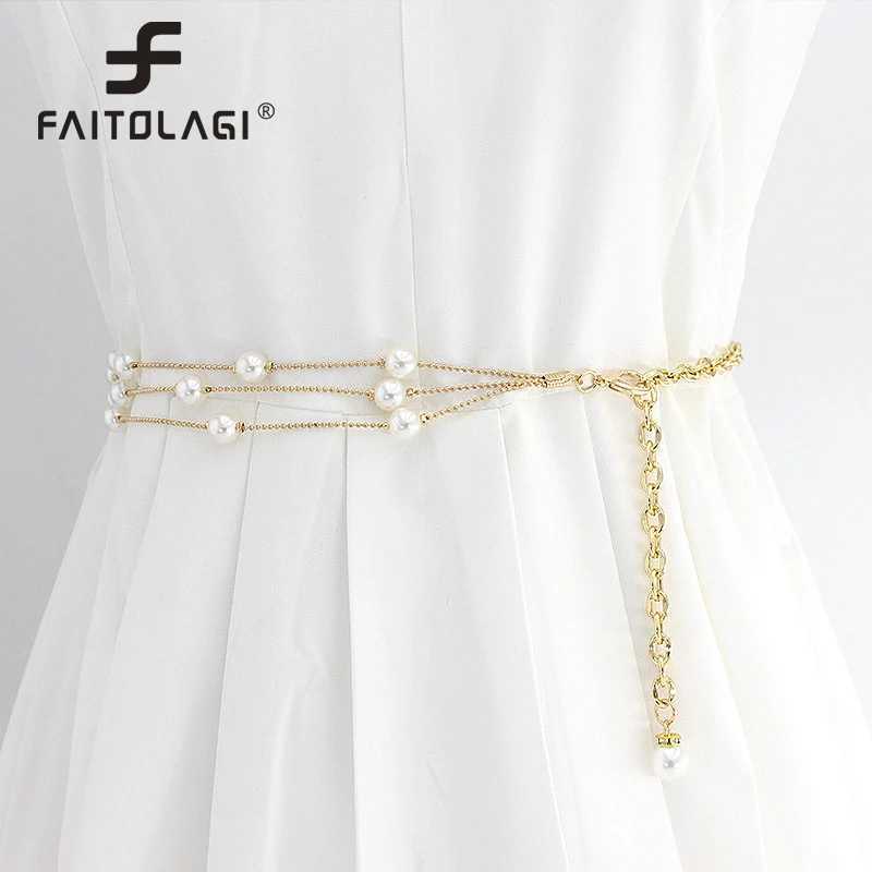 Mtilayer pearl thin long strap suitable for elegant gold metal body chain clothing decoration adjustable womens waist belt X250410