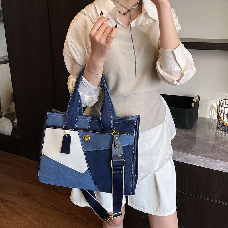 Foreign Trade Denim for Women New Fashion Color-Block Patchwork Single Shoulder Crossbody Commuter Casual Tote Bag