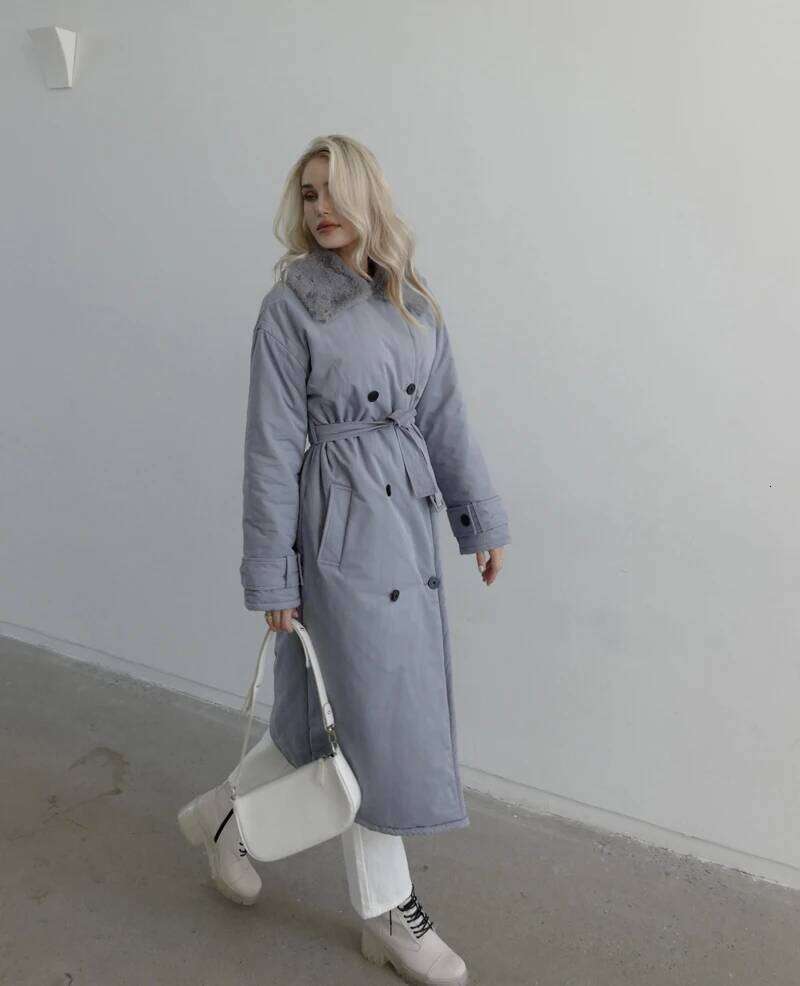 Women Winter Stylish Thick Warm Fur Collar Long Parka Runway Designer Long Coat Female Overcoat