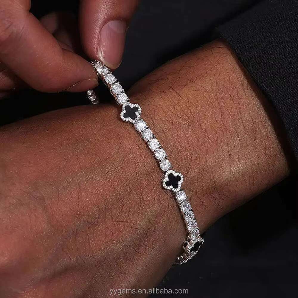 GRA Certificate Iced Out Diamond Agate Clover Bracelet S925 Silver VVS1 Moissanite Tennis Bracelet