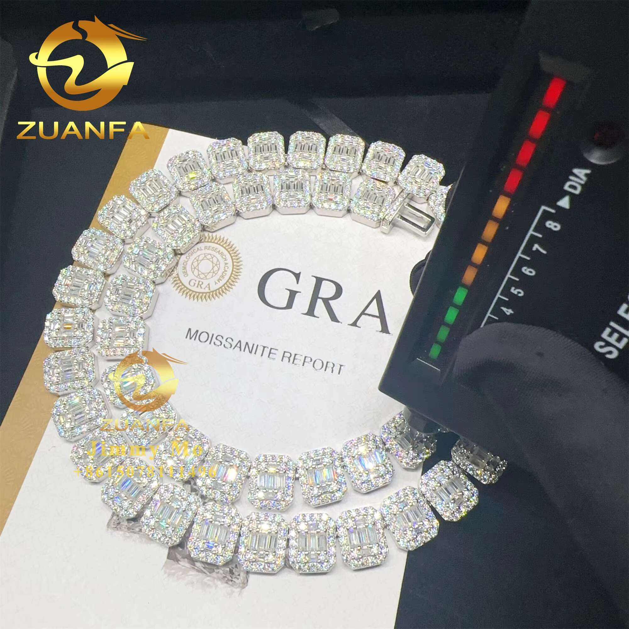 Fashion GRA Certificates 925 Silver 13mm Iced Out Hip Hop VVS1 baguette Moissanite Diamond Cluster Tennis Chain Necklace