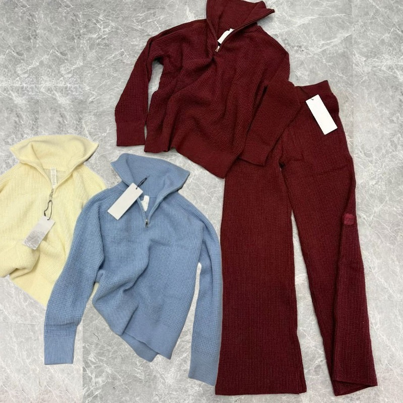 Designer Yoga Set Womens Soft Waffle Sweatshirts 1/4 Zip Turtleneck Pullover+Straight-Leg Pants Weekend Escape Turtleneck Loose Lounge-to-street Lazy Suit