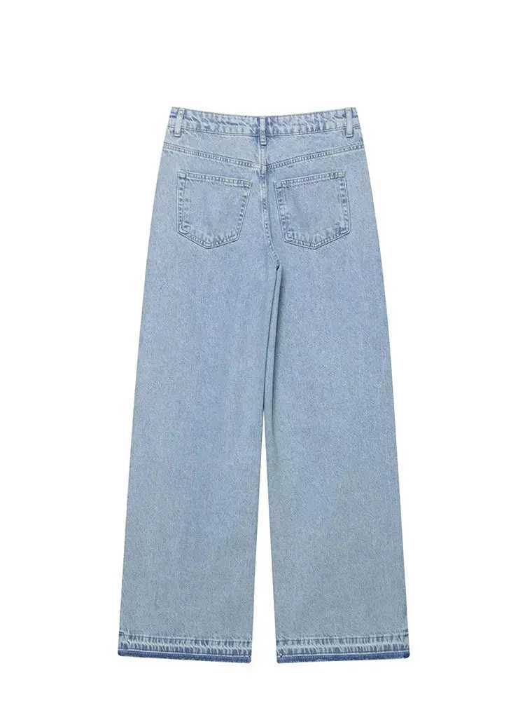 Womens Jean Lace Hollow Out Patchwork High Waist Denim Trouser Ladies Office Commute Streetwear Woman Wide Leg Long Pant C251110