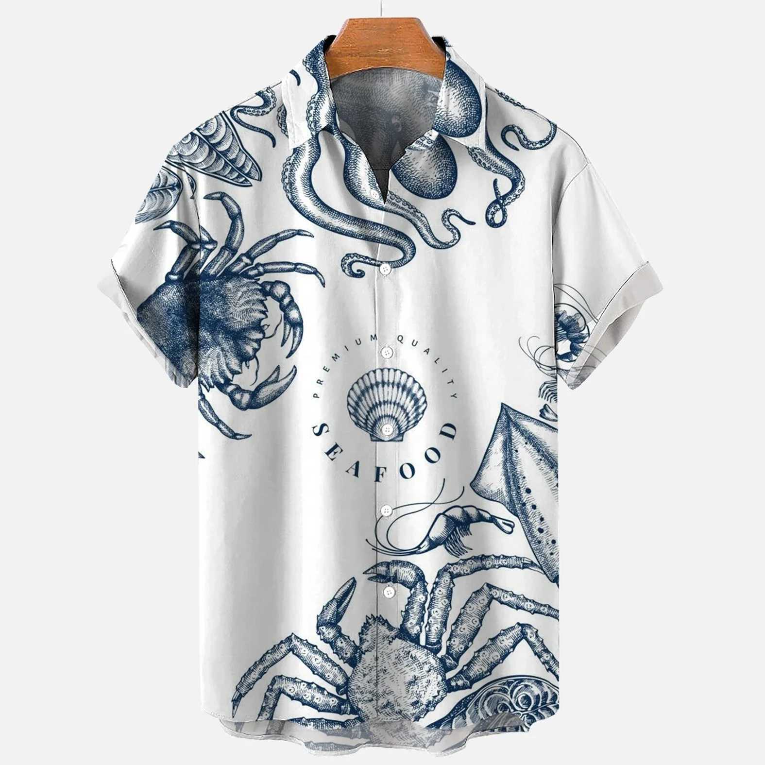 Fashionable Harajuku Hawaiian casual flower mens shirt octopus 3D printed summer short sleeved mens shirt Camisas Casuais X250410