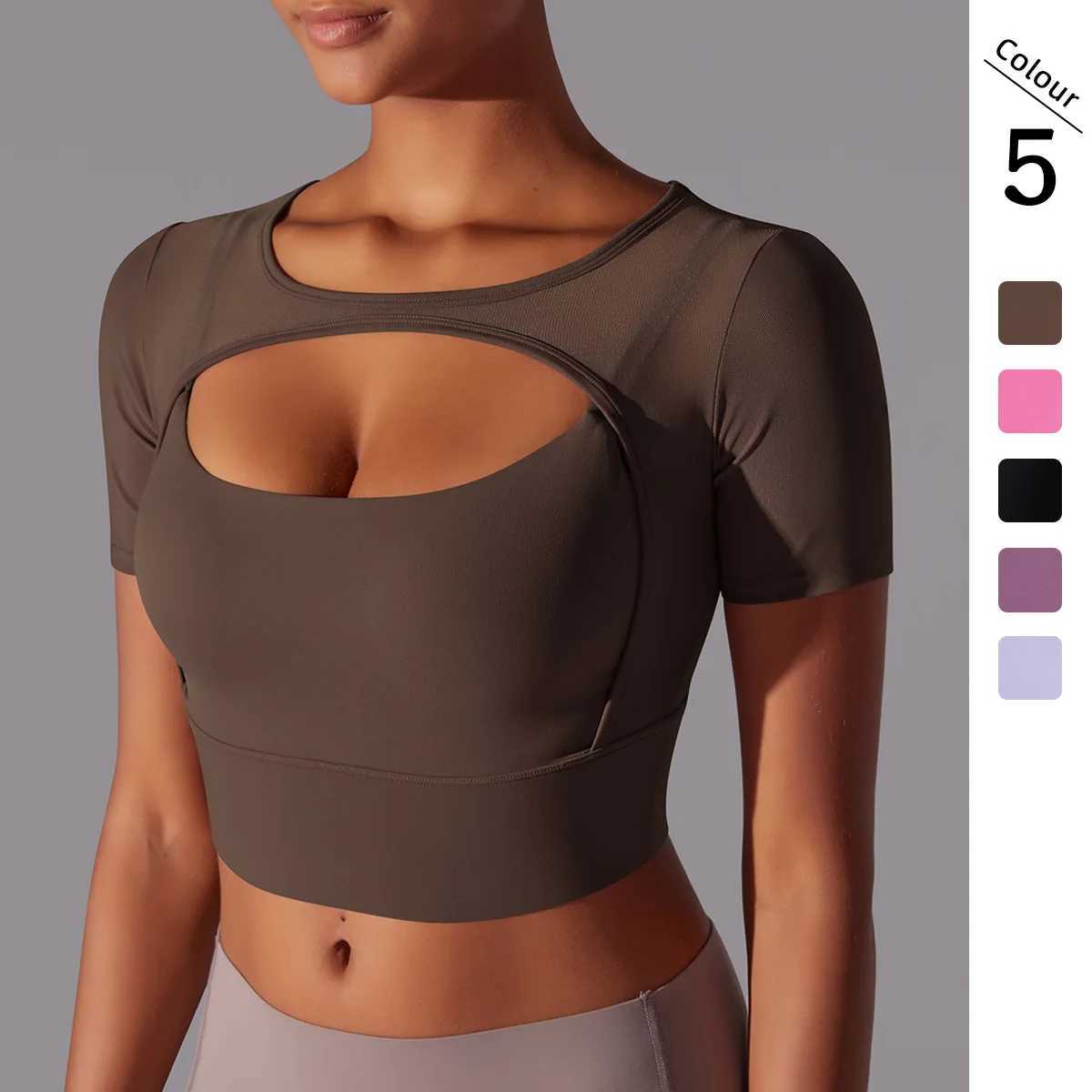 Gutashye Solid Color Patch Mesh Sexy Double Short Sleeve Strap Bra Running Fitness Yoga Exercise Breathable Quick DryingXJ250410