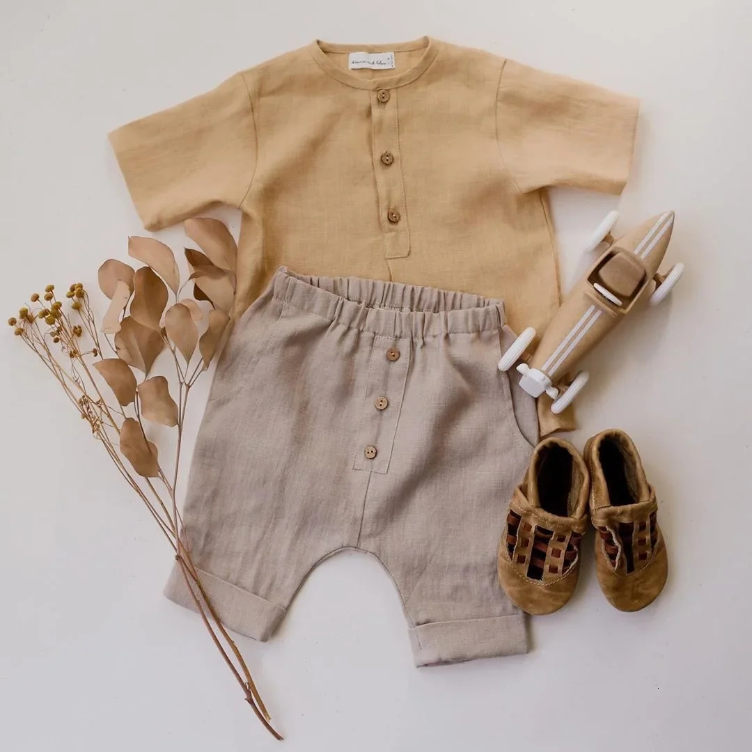 Linen childrens boys set short sleeved shirt and short sleeved set childrens two-piece set summer clothing set 250409