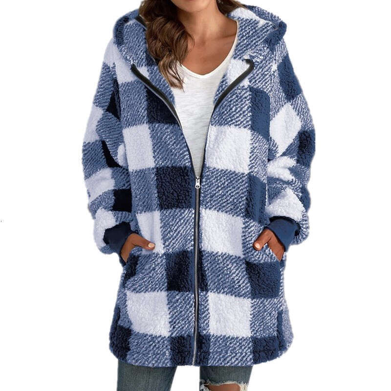 European and American Style Plush Women's 2024 New Amazon Long Sleeve Plaid Hooded Zipper Pocket Loose Jacket