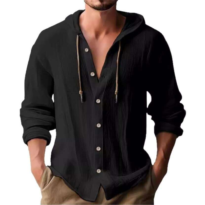 Cross-Border Amazon 2025 New Spring Summer Hooded T-Shirt Solid Color Cotton Linen Men's Casual Long Sleeve Top