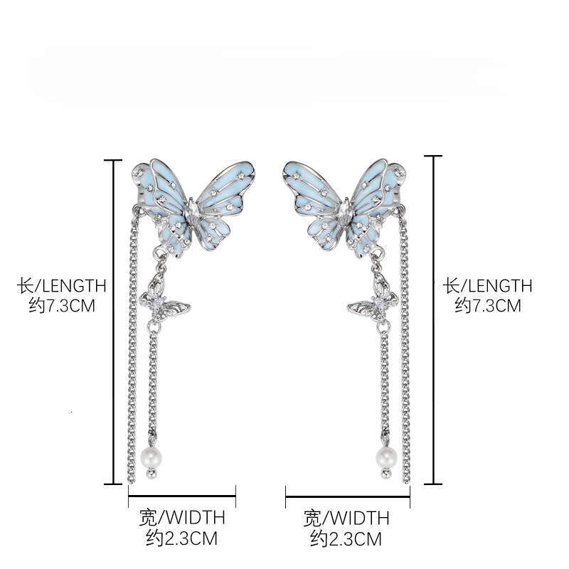 Original Long Tassel Blue Butterfly Earrings for Women, Light Luxury Fashion, High-end Feel, Gentle Temperament, 925 Silver Needle Ear Jewelry