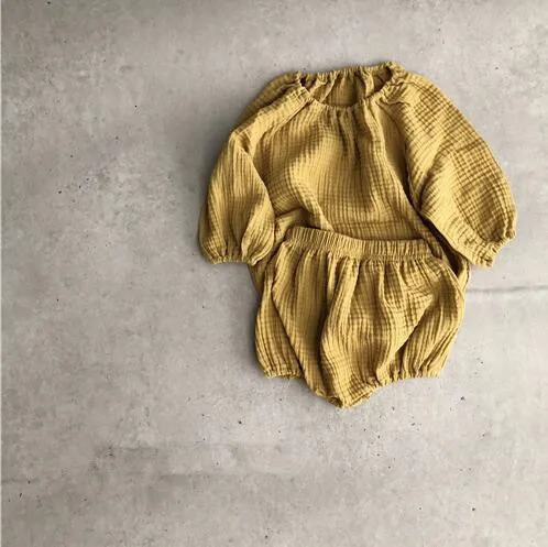 autumn baby girl boy clothing set childrens cotton linen long sleeved shirtBloomer 2-piece Japanese and Korean childrens clothing 250409