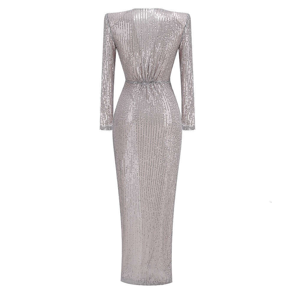 New Style Hot-Selling Sequin Deep V Pleated Night club maxi dress Celebrity Long Sleeve Evening Gown SEXY DRESSES FOR WOMEN