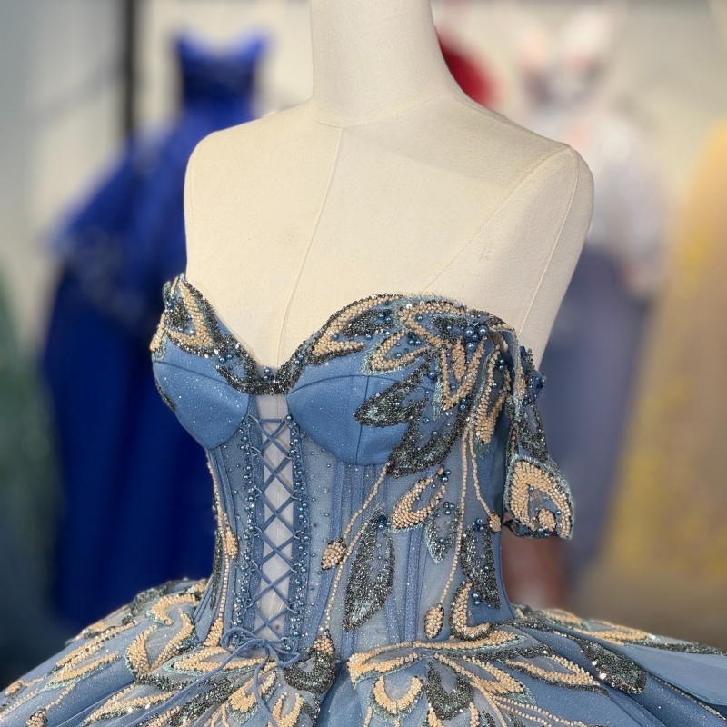Sea Blue Shiny Quinceanera Dresses Ball Gown Off The Shoulder Sequin Applique Lace Beading Crystal Corset Tull Party Birthday Sweet 16 Dress Vestidos 