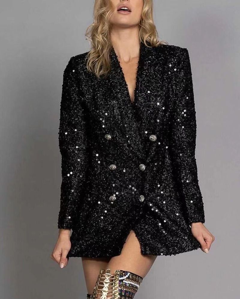 Women's Clothing Fashion Celebrity V Neck Temperament Suit Jacket Double Breasted Black Sequins Slim Long Top