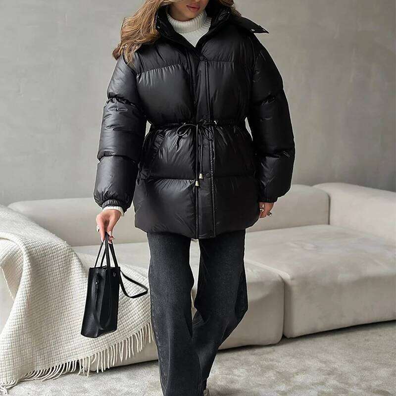 Drawstring Cotton Padded Parka Jackets For Women Hooded Collar Folds Zip-Up Fashion Solid Autumn Winter Warm Outerwear