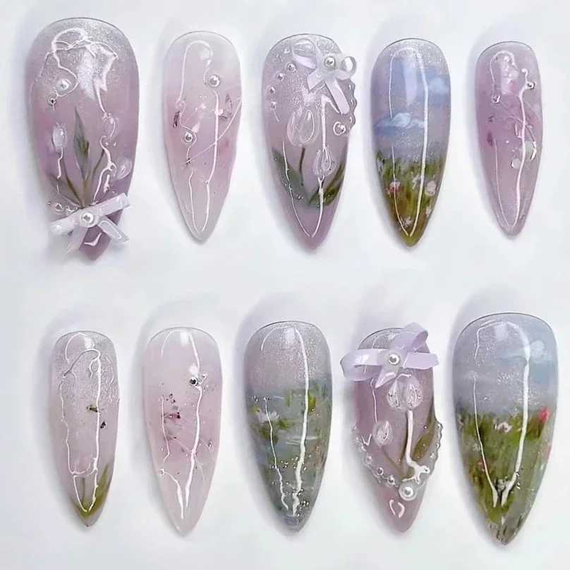 24 pieces of medium and long almond fake nails small and fresh sweet acrylic fake nails with 3D bow pearls wearable artificial nails with glue W250410