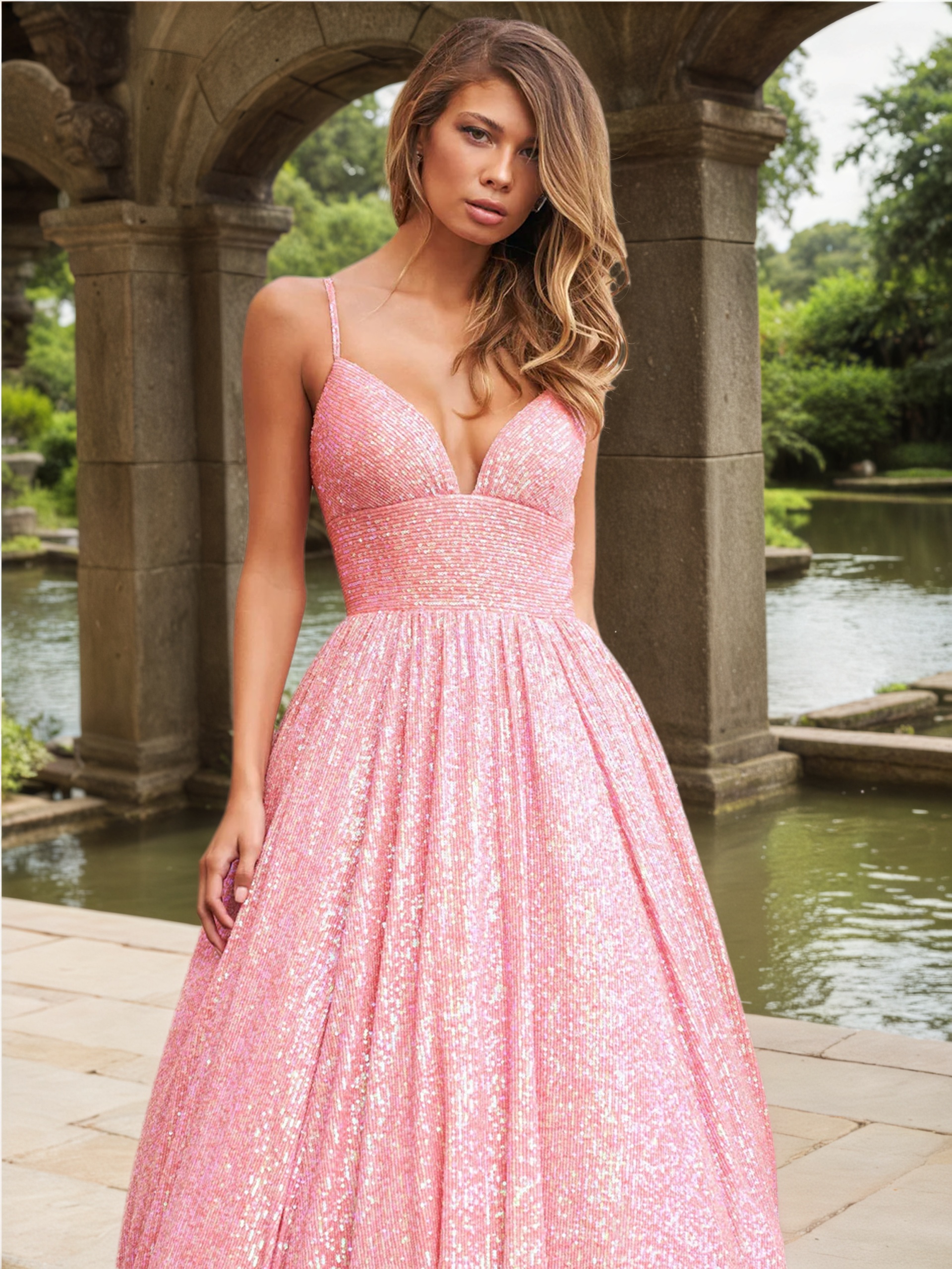 Women's Glamorous Sequin Evening Gown, Open Back Lace-Up Tiered Prom Dress--D322