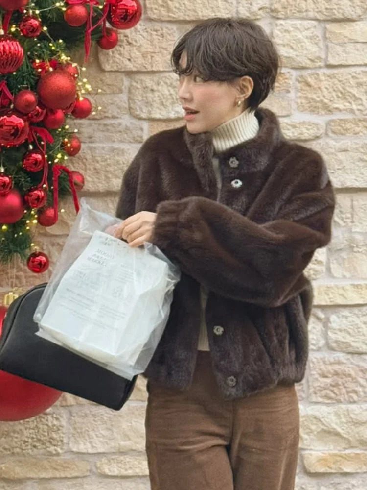 Solid Women Chic Faux Fur Short Jacket Casual Single Breasted Stand Collar Loose Warm Jackets Lady Winter Daily High Street Coat 251110