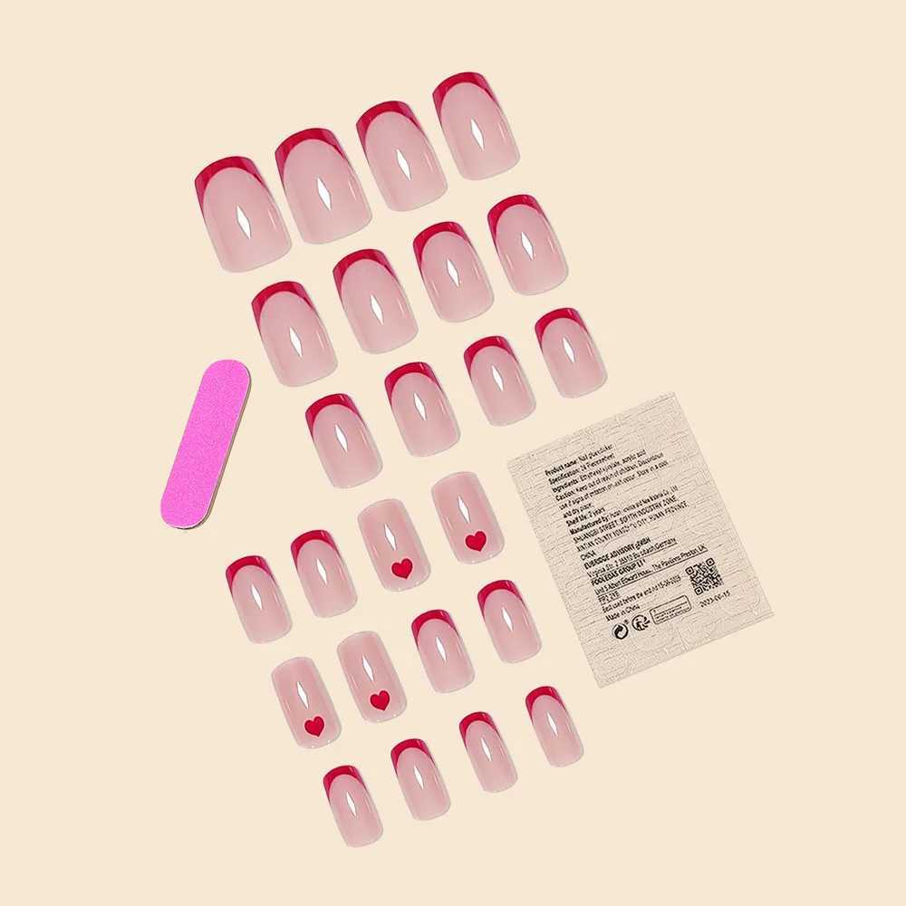 Womens Medium Square French Red Bordered Heart Printed Gloss Full Coverage Wearable Fake Nail Pressing Machine 24 pieces/set W250410