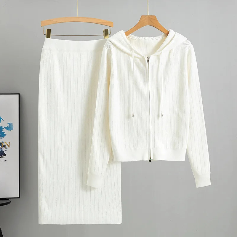 Elegant Chic Knitted 2 Piece Sets Women Long Sleeve Knitwears Cardigan Tops Conjuntos Solid High Waist Skirts Outfit LX1204 251110